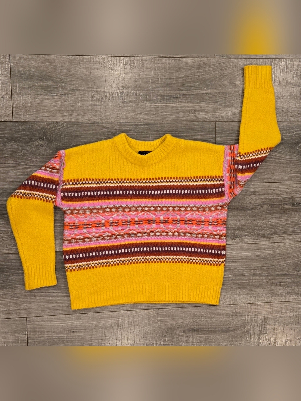 Y2K:Forever 21 Chunky Knit Sweater Women’s Medium Yellow Fair Isle Cropped Cozy.